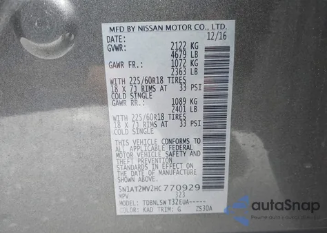 2017 Nissan Rogue Sl from USA, damaged, VIN 5N1AT2MV2HC770929